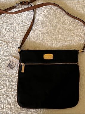 Michael Kors Black Crossbody with Brown Strap and Gold Hardware